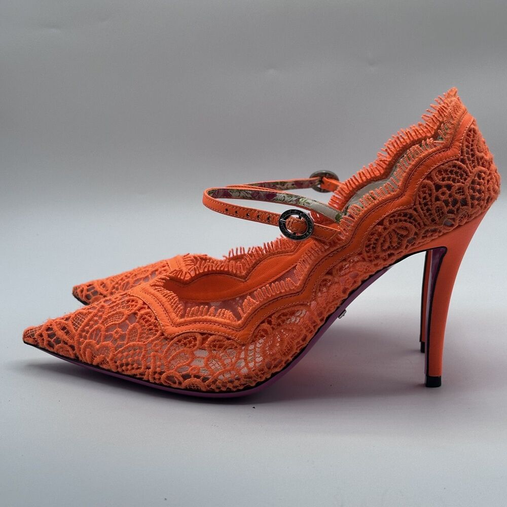 Gucci Virginia Orange Lace Mary Jane Pumps 38 7.5 95mm Crystal Buckle - Picture 6 of 8